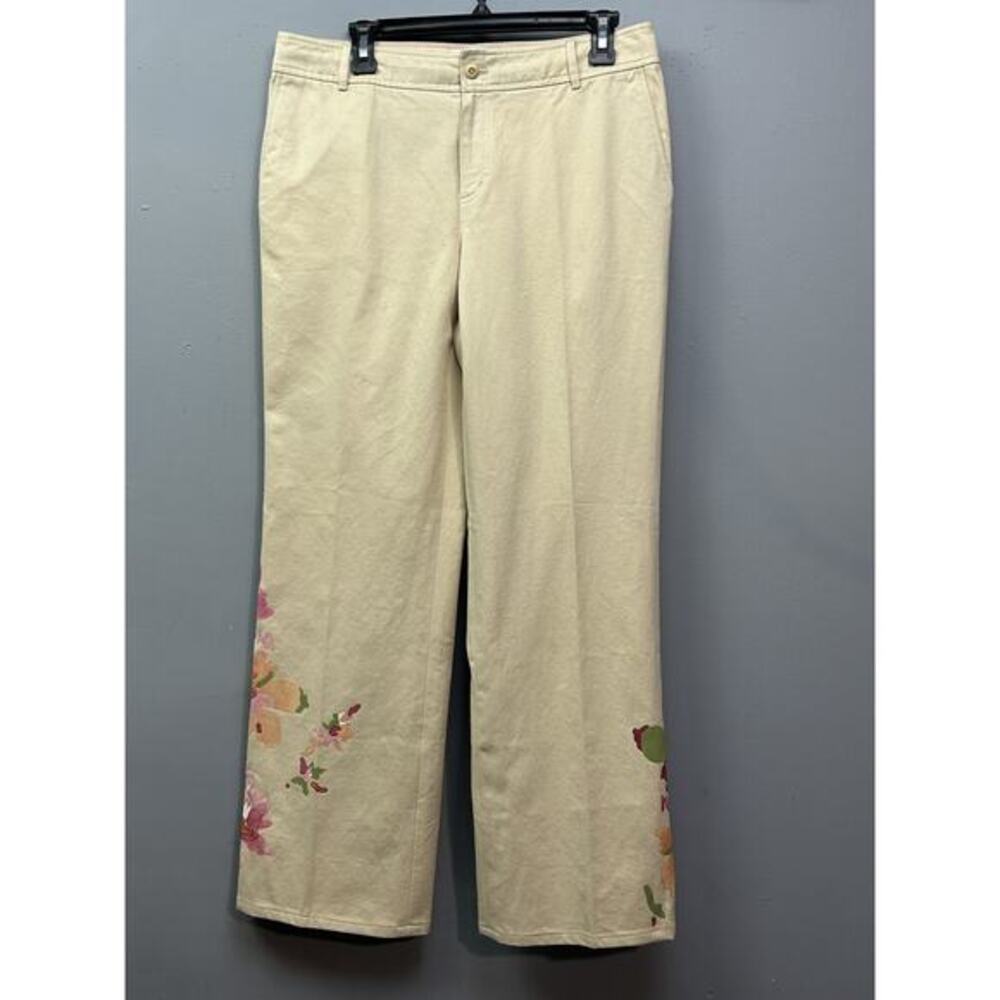 Dana Buchman Pants Womens 8 Beige Floral‎ Embroidered Wide Leg Cotton Casual